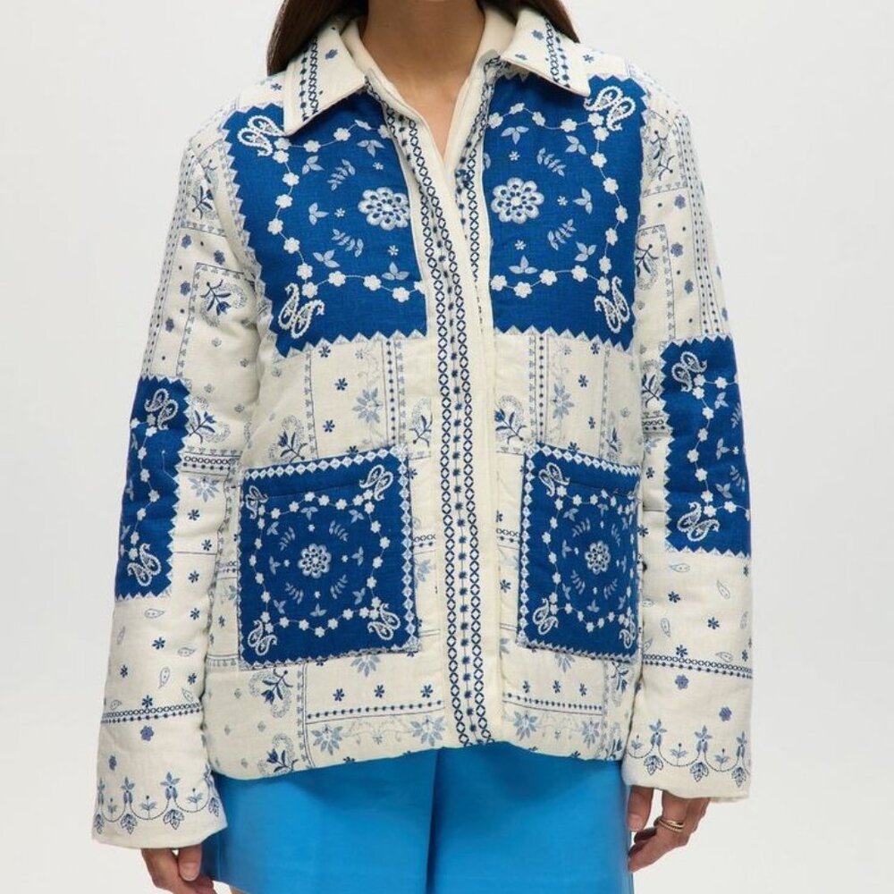 Caroline Constas Quilted Patchwork Print Linen Bl… - image 1